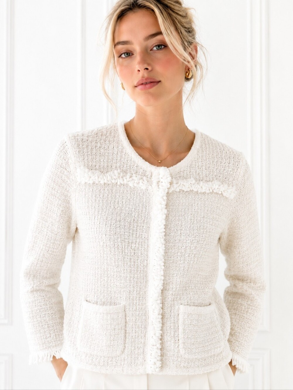 Anne Klein Ivory Textured Knit Fringe Cropped Jacket | Size LP | Quiet Luxury